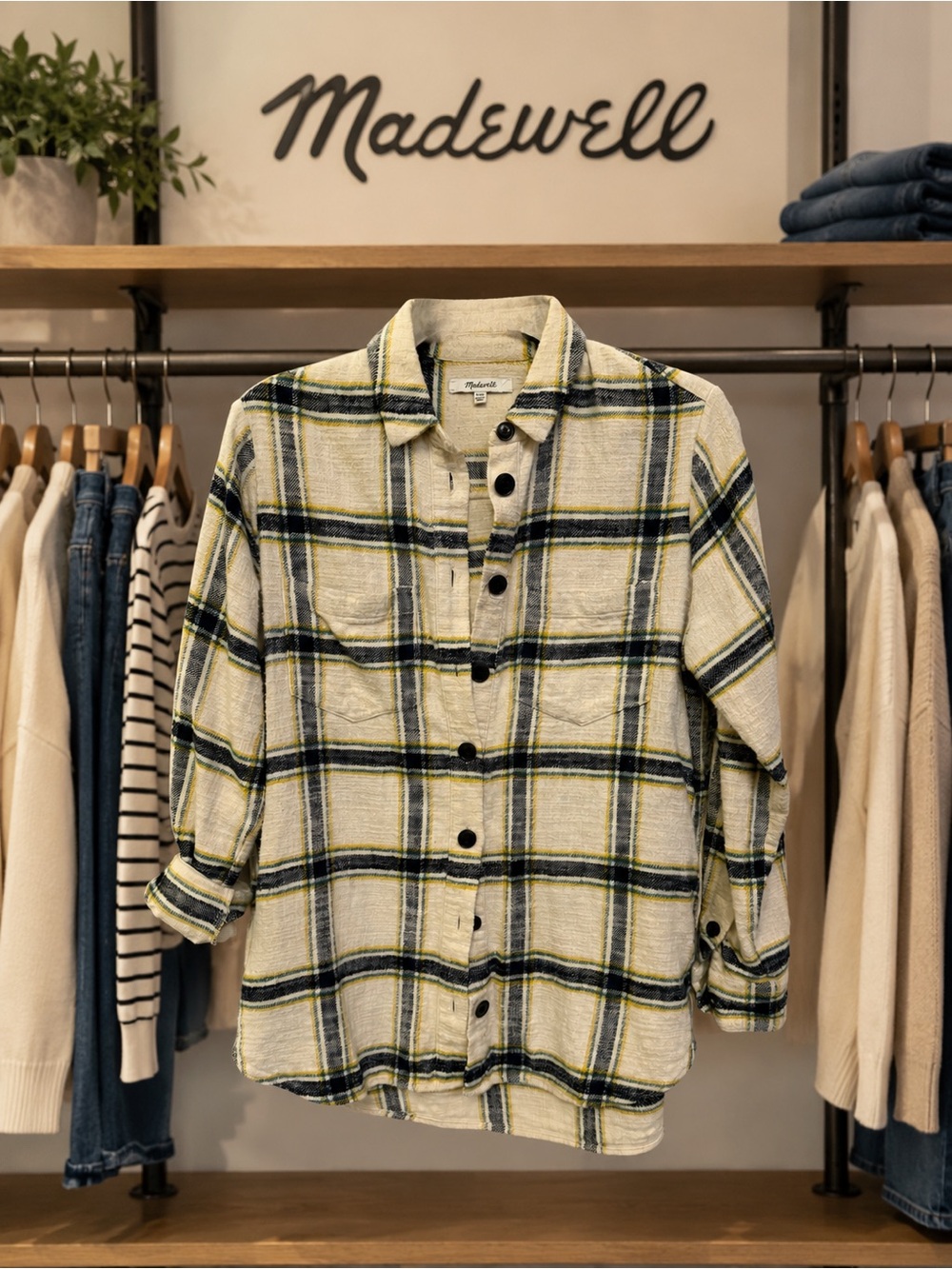 Madewell Cream Plaid Button-Down Shirt with Black & Yellow Stripes